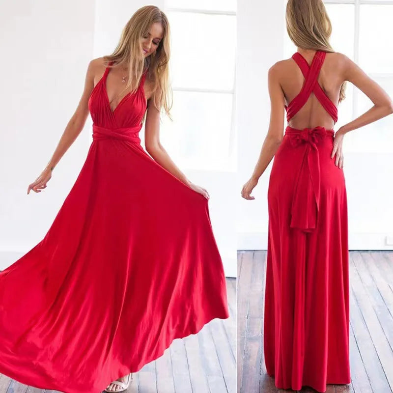 LVSANW European and American solid color various ways of wearing strappy red dress long skirt bridesmaid dress