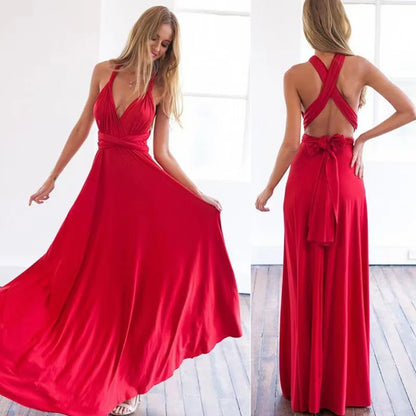 LVSANW European and American solid color various ways of wearing strappy red dress long skirt bridesmaid dress