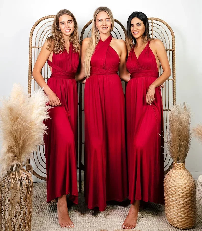 LVSANW European and American solid color various ways of wearing strappy red dress long skirt bridesmaid dress