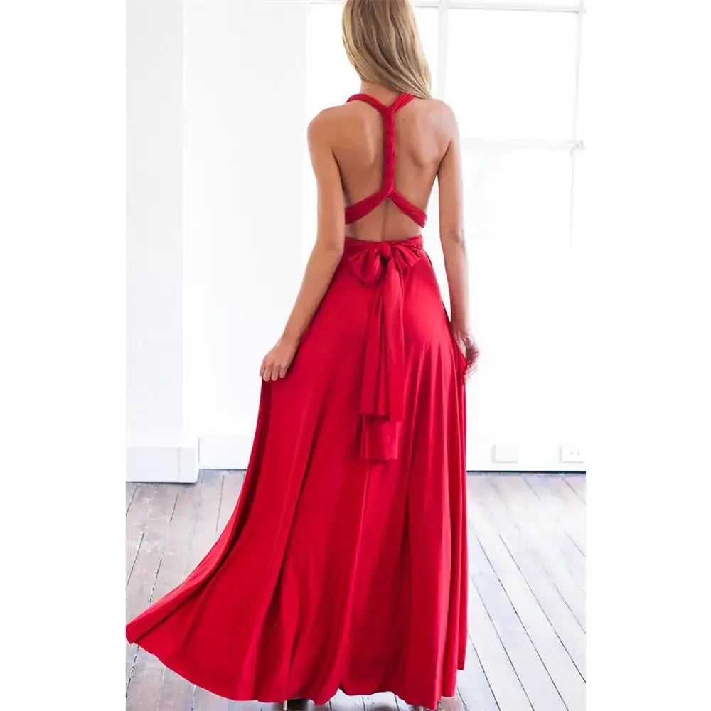 LVSANW European and American solid color various ways of wearing strappy red dress long skirt bridesmaid dress