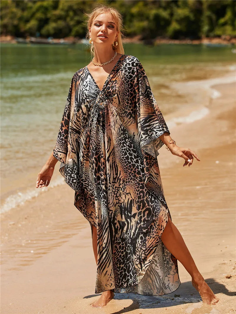 LVSANW Explosions European and American Printed Beach Blouse Loose Seaside Vacation Bikini Outer Blouse for Women