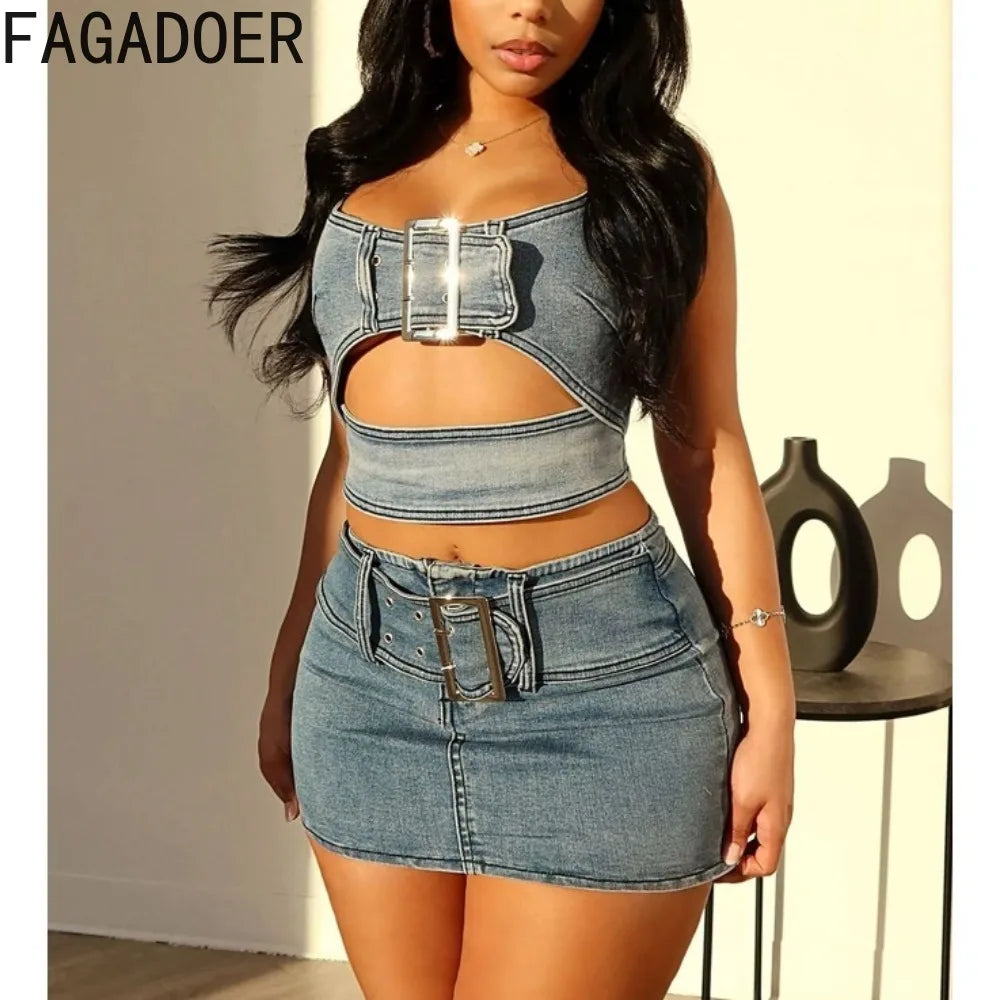 LVSANW FAGADOER Blue Fashion Hollow Out Elasticity Denim Two Piece Sets Women Thin Strap Sleeveless Tank Top And Skirts Cowboy Outfits