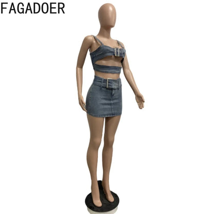 LVSANW FAGADOER Blue Fashion Hollow Out Elasticity Denim Two Piece Sets Women Thin Strap Sleeveless Tank Top And Skirts Cowboy Outfits