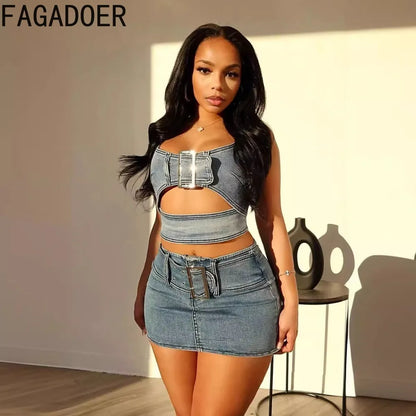 LVSANW FAGADOER Blue Fashion Hollow Out Elasticity Denim Two Piece Sets Women Thin Strap Sleeveless Tank Top And Skirts Cowboy Outfits