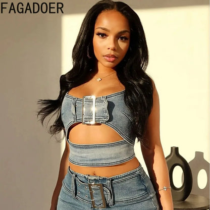 LVSANW FAGADOER Blue Fashion Hollow Out Elasticity Denim Two Piece Sets Women Thin Strap Sleeveless Tank Top And Skirts Cowboy Outfits