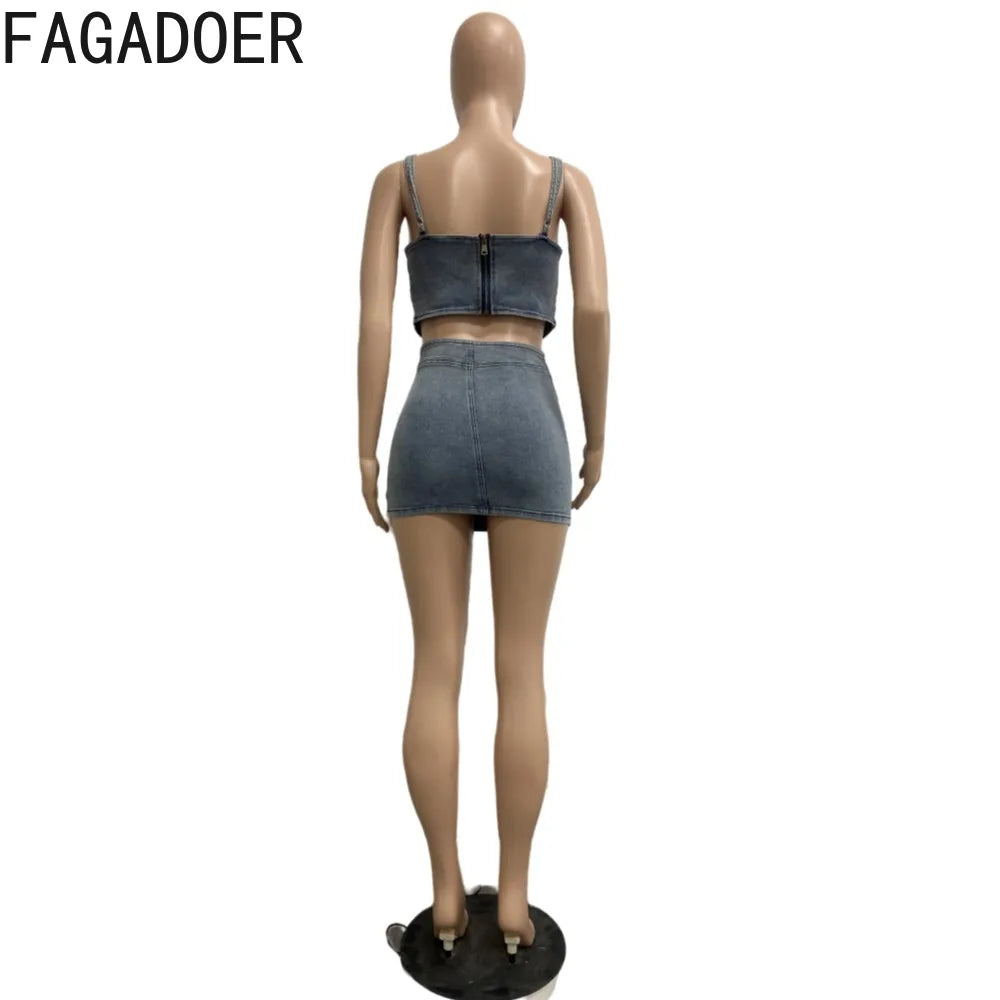 LVSANW FAGADOER Blue Fashion Hollow Out Elasticity Denim Two Piece Sets Women Thin Strap Sleeveless Tank Top And Skirts Cowboy Outfits