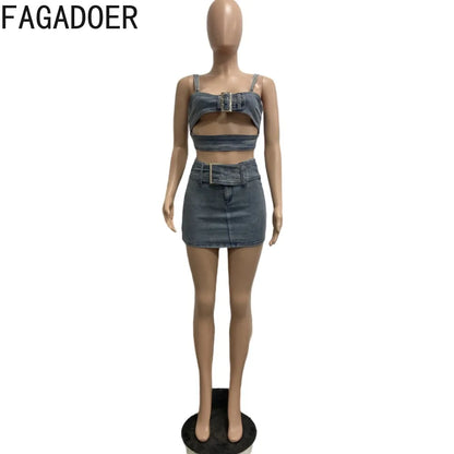 LVSANW FAGADOER Blue Fashion Hollow Out Elasticity Denim Two Piece Sets Women Thin Strap Sleeveless Tank Top And Skirts Cowboy Outfits