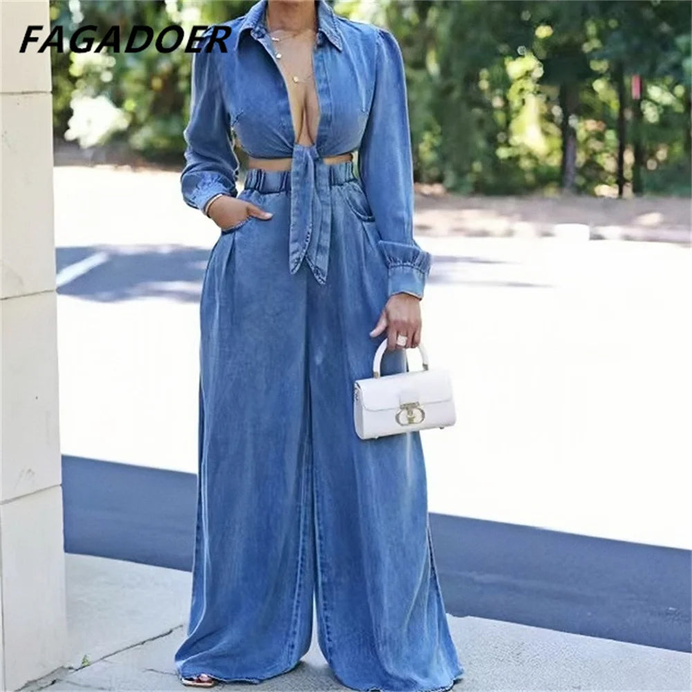 LVSANW FAGADOER Fashion Bandage Wide Leg Jean Pants 2 Piece Sets Women Outfit Turndown Collar Crop Top and High Waist Denim Pants Suits