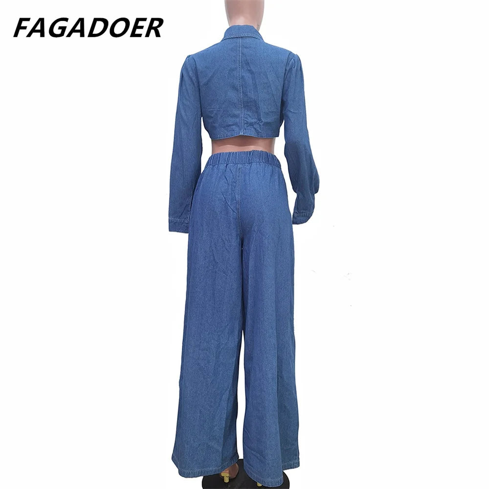 LVSANW FAGADOER Fashion Bandage Wide Leg Jean Pants 2 Piece Sets Women Outfit Turndown Collar Crop Top and High Waist Denim Pants Suits