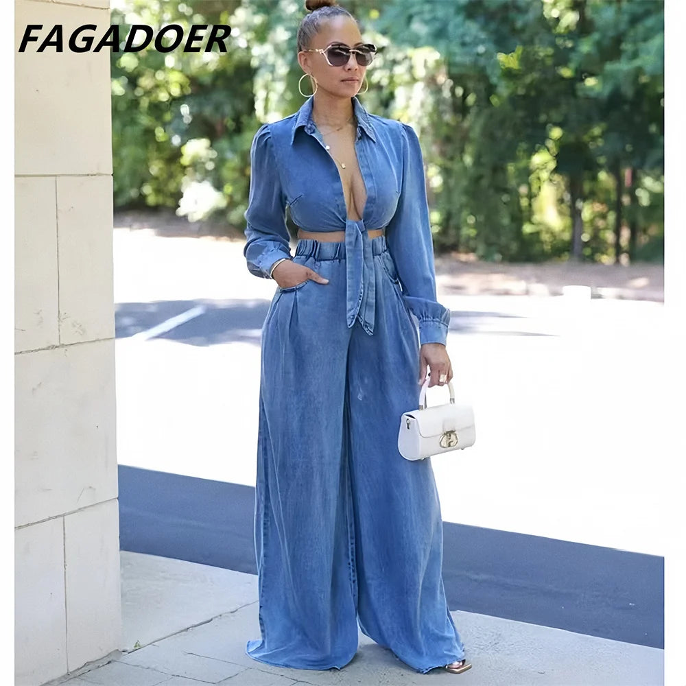 LVSANW FAGADOER Fashion Bandage Wide Leg Jean Pants 2 Piece Sets Women Outfit Turndown Collar Crop Top and High Waist Denim Pants Suits