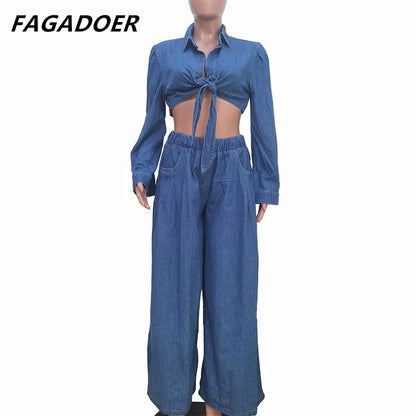 LVSANW FAGADOER Fashion Bandage Wide Leg Jean Pants 2 Piece Sets Women Outfit Turndown Collar Crop Top and High Waist Denim Pants Suits