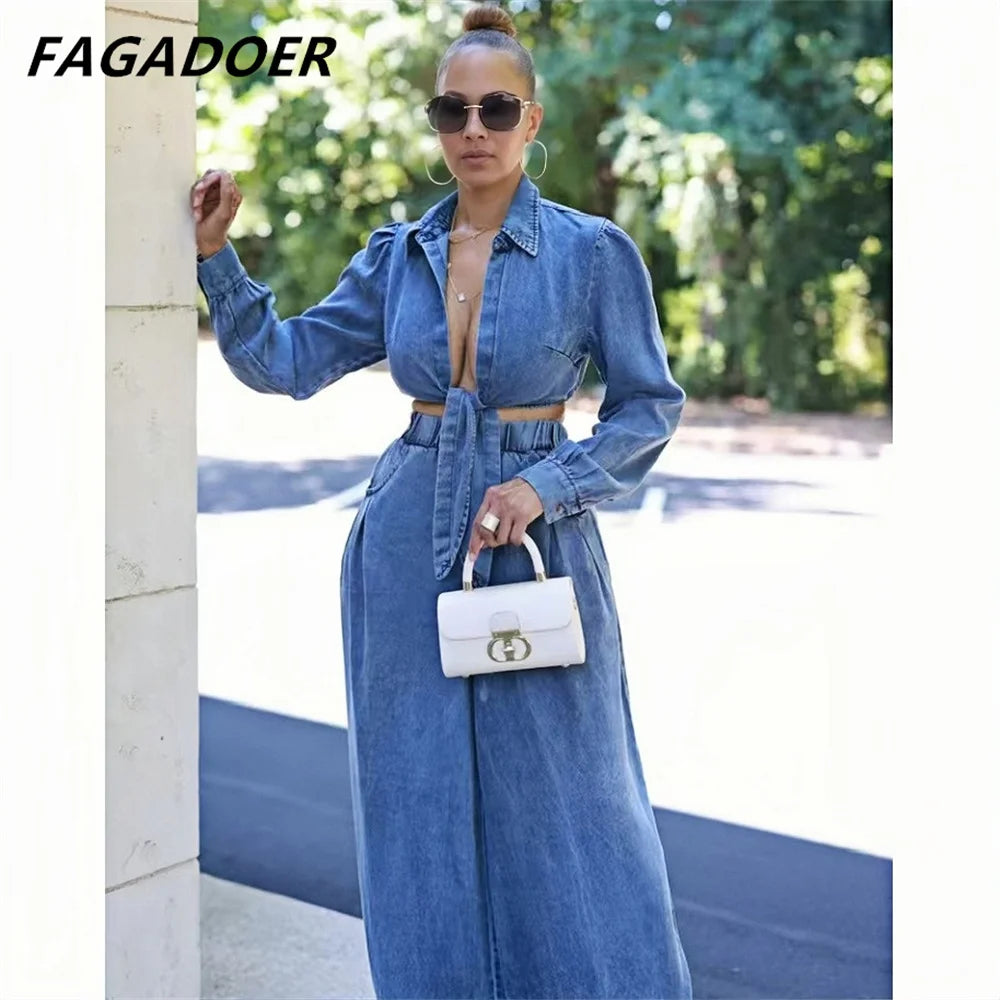 LVSANW FAGADOER Fashion Bandage Wide Leg Jean Pants 2 Piece Sets Women Outfit Turndown Collar Crop Top and High Waist Denim Pants Suits