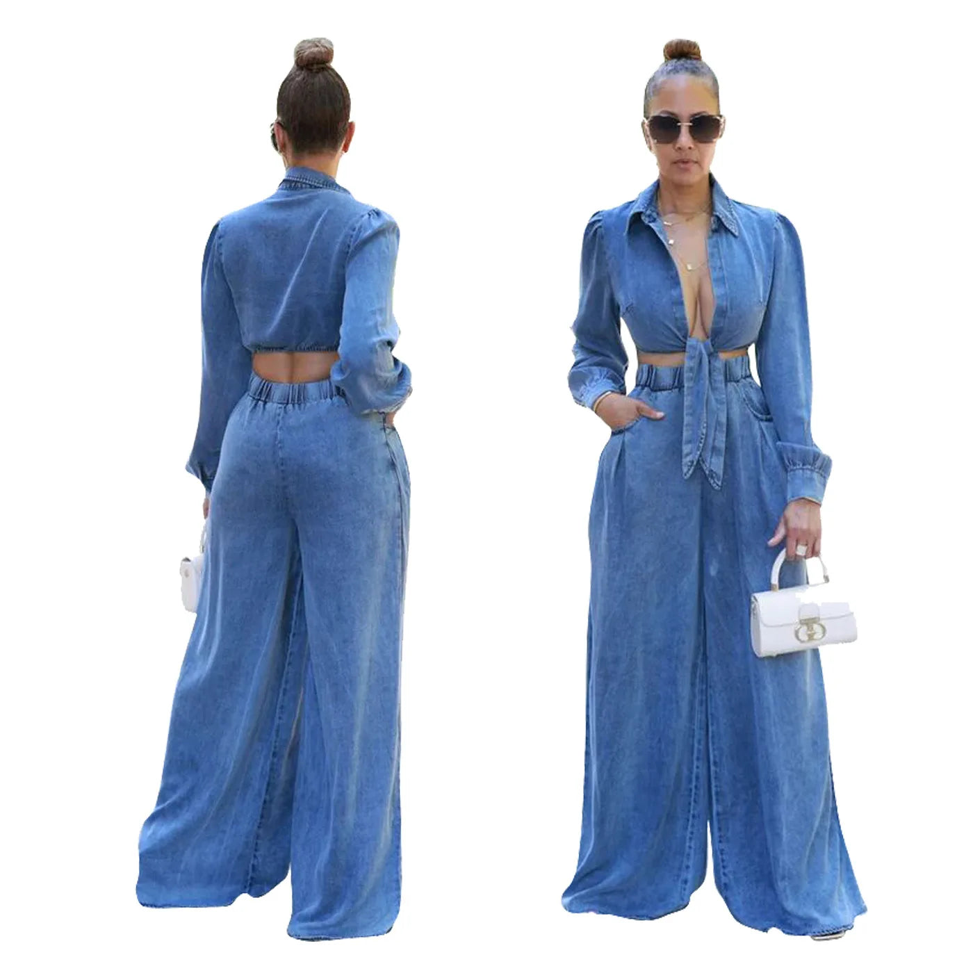 LVSANW FAGADOER Fashion Bandage Wide Leg Jean Pants 2 Piece Sets Women Outfit Turndown Collar Crop Top and High Waist Denim Pants Suits