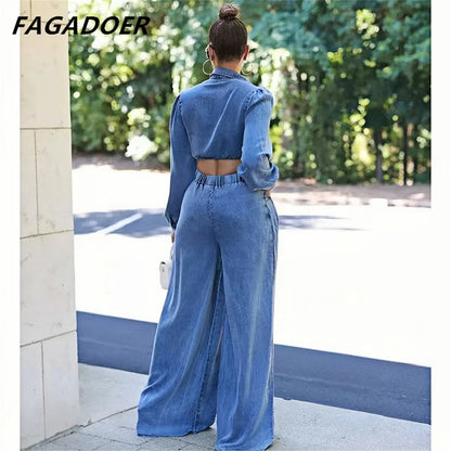 LVSANW FAGADOER Fashion Bandage Wide Leg Jean Pants 2 Piece Sets Women Outfit Turndown Collar Crop Top and High Waist Denim Pants Suits