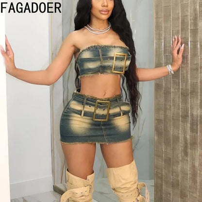 LVSANW FAGADOER Fashion Retro Distress Y2K Denim Streetwear Women Sleeveless Backless Tube And Belt Mini Skirts Cowboy Two Piece Sets