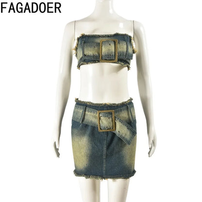 LVSANW FAGADOER Fashion Retro Distress Y2K Denim Streetwear Women Sleeveless Backless Tube And Belt Mini Skirts Cowboy Two Piece Sets