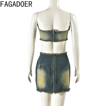 LVSANW FAGADOER Fashion Retro Distress Y2K Denim Streetwear Women Sleeveless Backless Tube And Belt Mini Skirts Cowboy Two Piece Sets