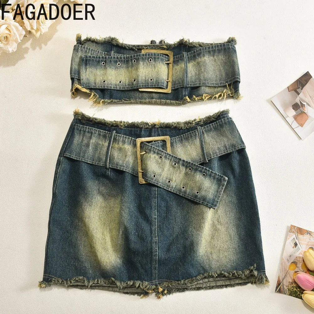 LVSANW FAGADOER Fashion Retro Distress Y2K Denim Streetwear Women Sleeveless Backless Tube And Belt Mini Skirts Cowboy Two Piece Sets