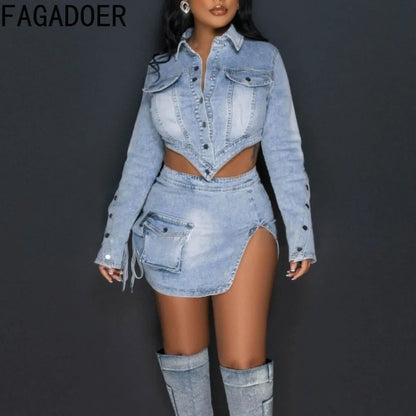 LVSANW FAGADOER Fashion Streetwear Women Denim Button Long Sleeve Irregular Crop Top And Mini Slit Skirt Outfits Female Cowboy Clothing