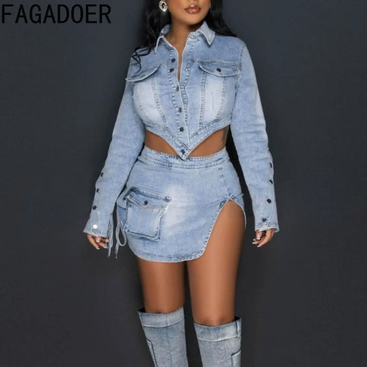 LVSANW FAGADOER Fashion Streetwear Women Denim Button Long Sleeve Irregular Crop Top And Mini Slit Skirt Outfits Female Cowboy Clothing