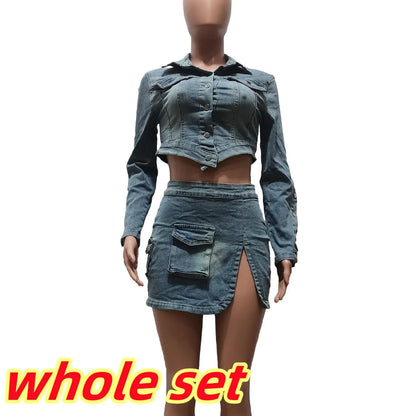 LVSANW FAGADOER Fashion Streetwear Women Denim Button Long Sleeve Irregular Crop Top And Mini Slit Skirt Outfits Female Cowboy Clothing