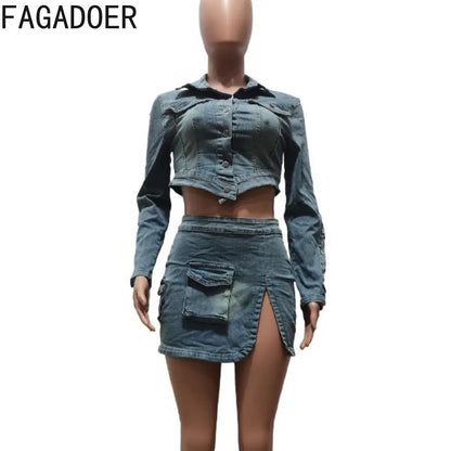 LVSANW FAGADOER Fashion Streetwear Women Denim Button Long Sleeve Irregular Crop Top And Mini Slit Skirt Outfits Female Cowboy Clothing