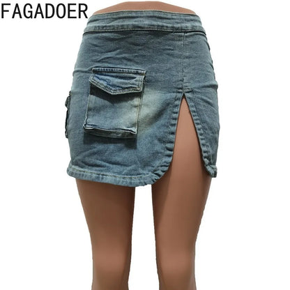 LVSANW FAGADOER Fashion Streetwear Women Denim Button Long Sleeve Irregular Crop Top And Mini Slit Skirt Outfits Female Cowboy Clothing