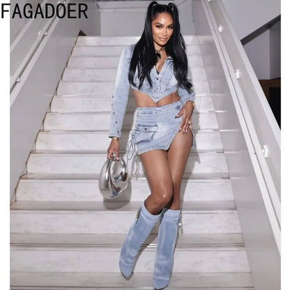 LVSANW FAGADOER Fashion Streetwear Women Denim Button Long Sleeve Irregular Crop Top And Mini Slit Skirt Outfits Female Cowboy Clothing