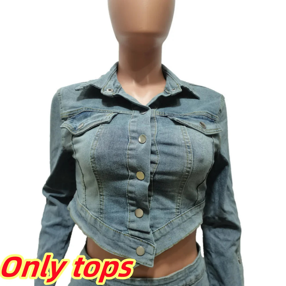 LVSANW FAGADOER Fashion Streetwear Women Denim Button Long Sleeve Irregular Crop Top And Mini Slit Skirt Outfits Female Cowboy Clothing