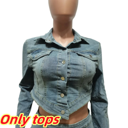 LVSANW FAGADOER Fashion Streetwear Women Denim Button Long Sleeve Irregular Crop Top And Mini Slit Skirt Outfits Female Cowboy Clothing