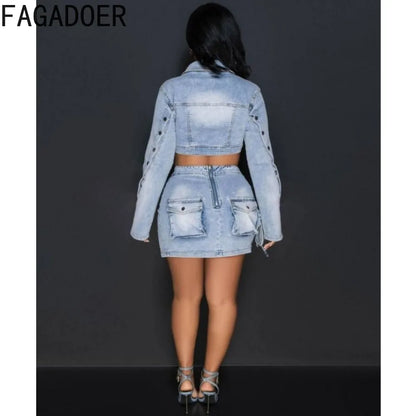 LVSANW FAGADOER Fashion Streetwear Women Denim Button Long Sleeve Irregular Crop Top And Mini Slit Skirt Outfits Female Cowboy Clothing