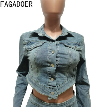 LVSANW FAGADOER Fashion Streetwear Women Denim Button Long Sleeve Irregular Crop Top And Mini Slit Skirt Outfits Female Cowboy Clothing