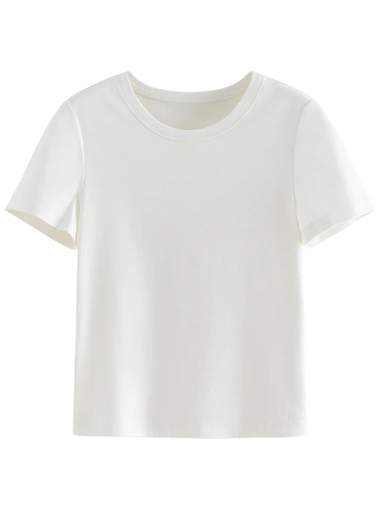 LVSANW FSLE White Slim All-match Short-sleeve T-shirt for Women Spring Summer Basic Round Neck Bottoming Top Female 24FS11210+24FS11209