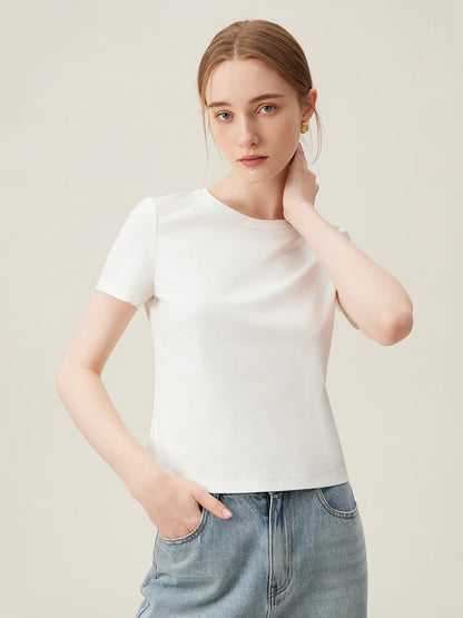 LVSANW FSLE White Slim All-match Short-sleeve T-shirt for Women Spring Summer Basic Round Neck Bottoming Top Female 24FS11210+24FS11209