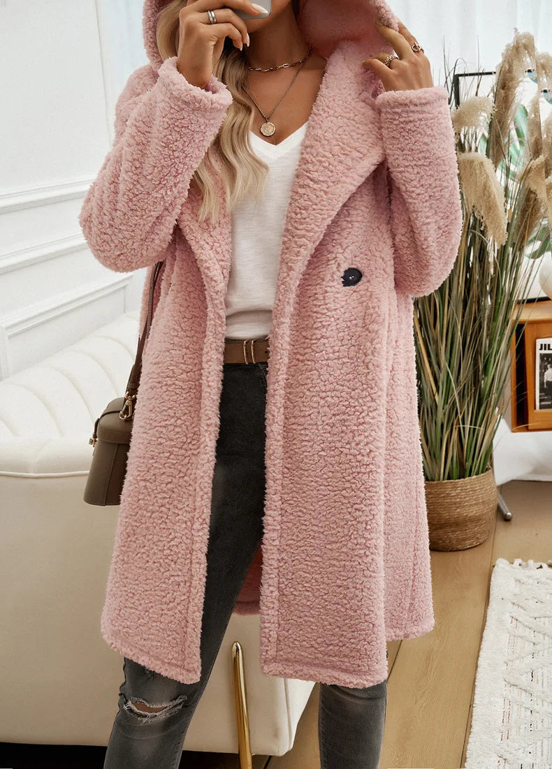 LVSANW FTLZZ Autumn Winter Casual Lady Hooded Button Solid Woolen Jacket Outwear Women Midi Woolen Coat