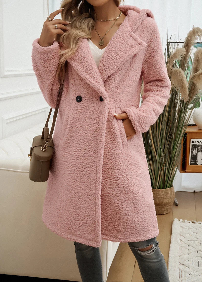 LVSANW FTLZZ Autumn Winter Casual Lady Hooded Button Solid Woolen Jacket Outwear Women Midi Woolen Coat