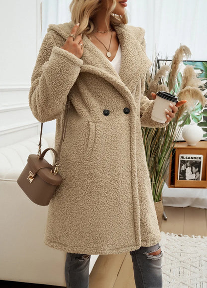 LVSANW FTLZZ Autumn Winter Casual Lady Hooded Button Solid Woolen Jacket Outwear Women Midi Woolen Coat