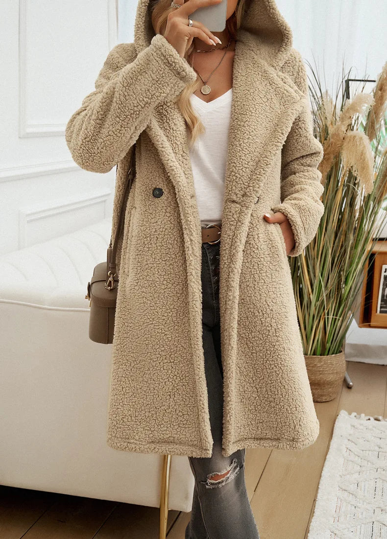 LVSANW FTLZZ Autumn Winter Casual Lady Hooded Button Solid Woolen Jacket Outwear Women Midi Woolen Coat