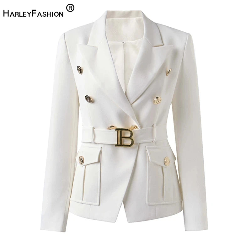 LVSANW Factory Customize Luxury Quality Classic Style Office White Black Women Pocket Blazers with Blet