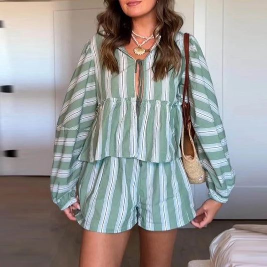 LVSANW Fall 2024 V Collar Tie-up Blouse Top&Wide Leg Shorts Outfit Women Fashion Striped Print Vacation Set New Long Sleeve 2pcs Suit