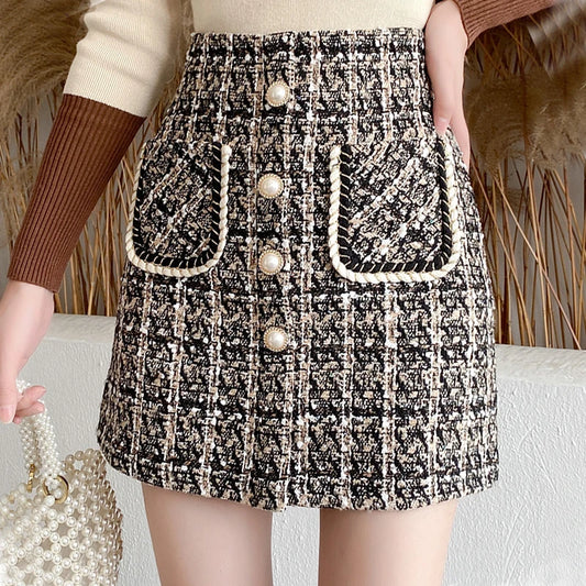 LVSANW Fall Winter Plaid Tweed Skirt Womens Thick Woolen Pearl Button Front Pocket Glitter Mini Skirt Saia Feminina