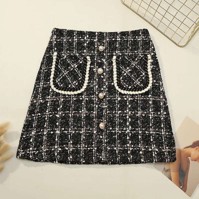 LVSANW Fall Winter Plaid Tweed Skirt Womens Thick Woolen Pearl Button Front Pocket Glitter Mini Skirt Saia Feminina