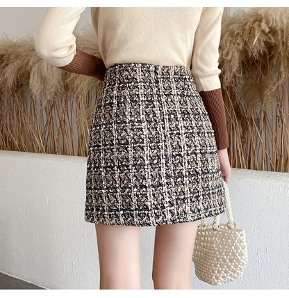 LVSANW Fall Winter Plaid Tweed Skirt Womens Thick Woolen Pearl Button Front Pocket Glitter Mini Skirt Saia Feminina