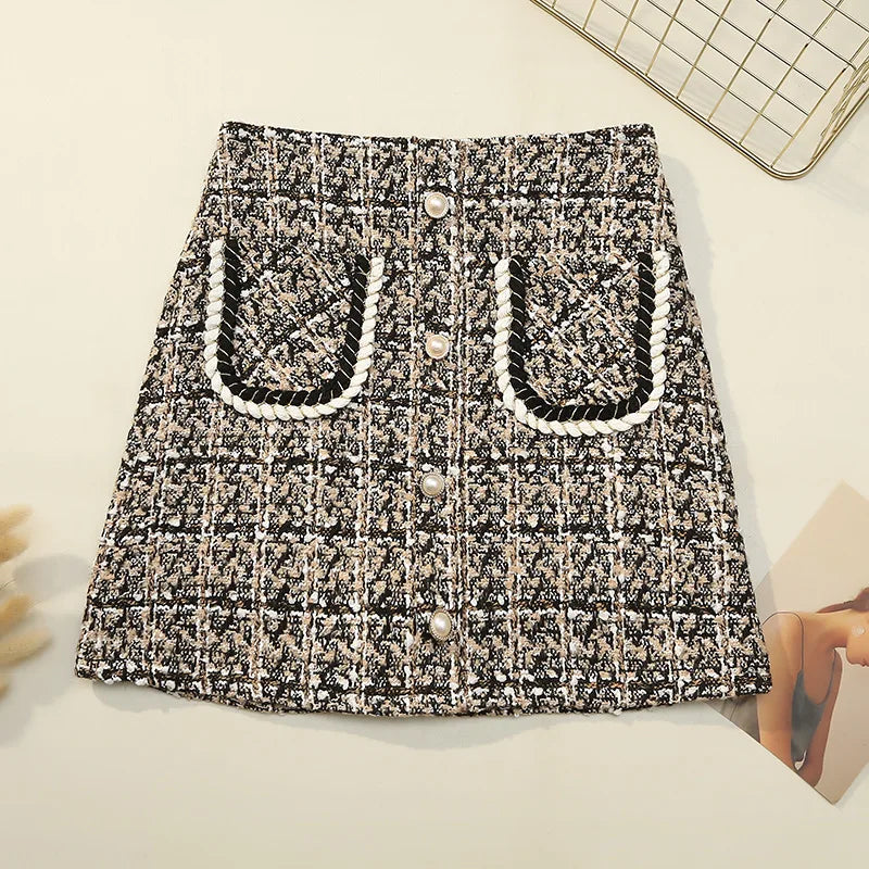 LVSANW Fall Winter Plaid Tweed Skirt Womens Thick Woolen Pearl Button Front Pocket Glitter Mini Skirt Saia Feminina