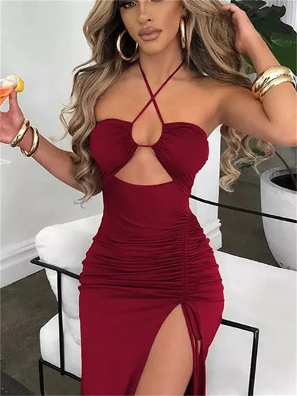 LVSANW Fantoye Hollow Out Drawstring Dress Women Sleeveless Backless High Split Elegant Ruched Dress Vestidos Partywear