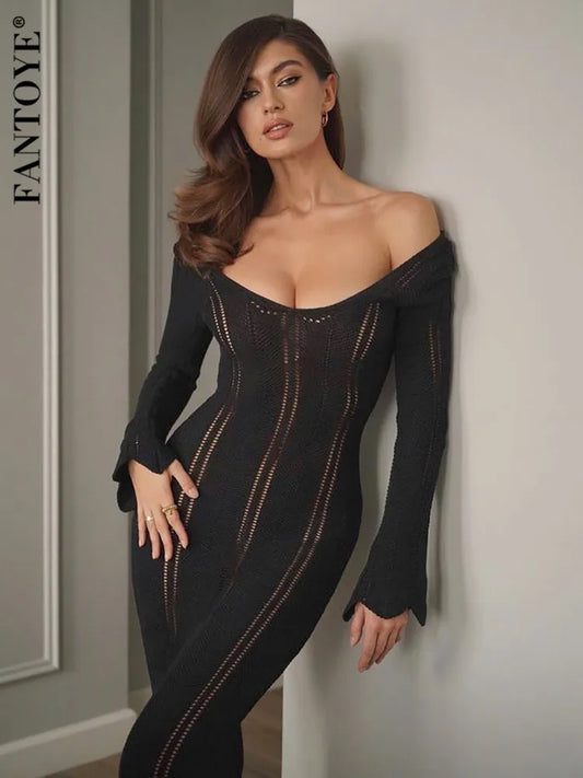 LVSANW Fantoye Knitted Sexy See Through Maxi Dress For Women Black Long Sleeve Off Shoulder Dress Female Skinny Elegant Party Beachwear