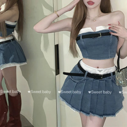 LVSANW Fashion American Retro Y2K Sexy Denim Suits Women Strapless Mini Top+ Pleated Mini Skirt Vintage Beach Two Pieces S