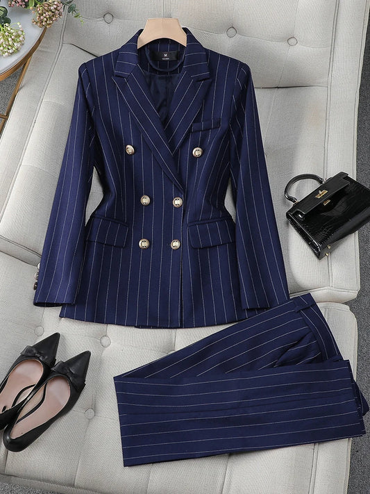 LVSANW Fashion Autumn Winter Ladies Pant Suit Women Blue Striped Female Business Work Wear Jacket Blazer and Trouser Formal 2 Piece Set