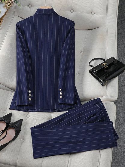 LVSANW Fashion Autumn Winter Ladies Pant Suit Women Blue Striped Female Business Work Wear Jacket Blazer and Trouser Formal 2 Piece Set