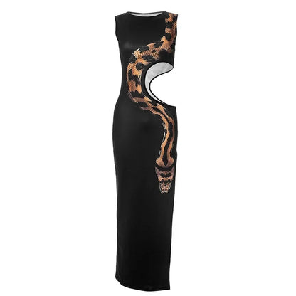 LVSANW Fashion Black Snake Printed Hollow Out Long Dress Women Sexy O Neck Sleeveless High Split Slim Robes 2024 Lady Party Night Gowns